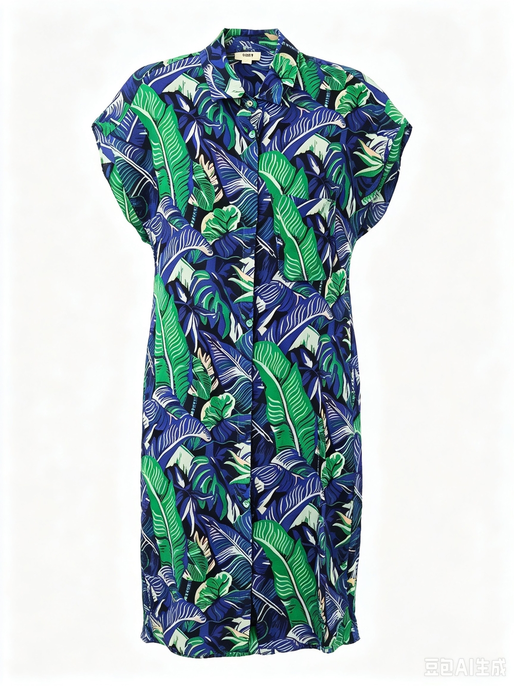 WHiT Tropical Leaf Print Sleeveless Shirt Dress - Blue & Green